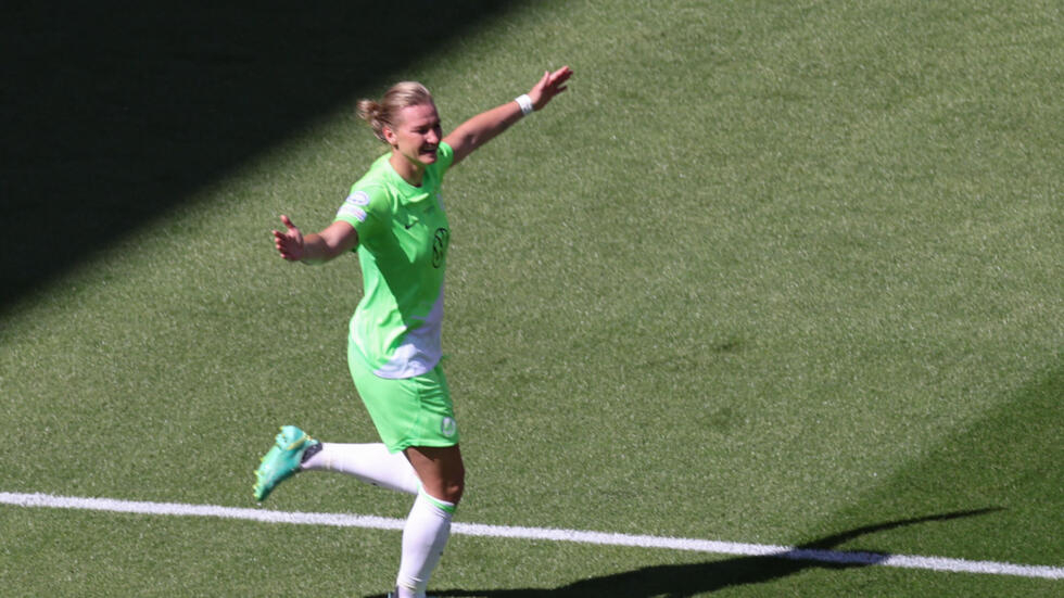 Wolfsburg and Germany forward Alexandra Popp celebrates scoring in the Champions League final against Barcelona