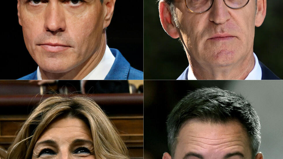 Spain's election candidates (l to r): current PM Pedro Sanchez, Popular Party head Alberto Nunez Feijoo, Yolanda Diaz of the Sumar alliance, and Vox leader Santiago Abascal