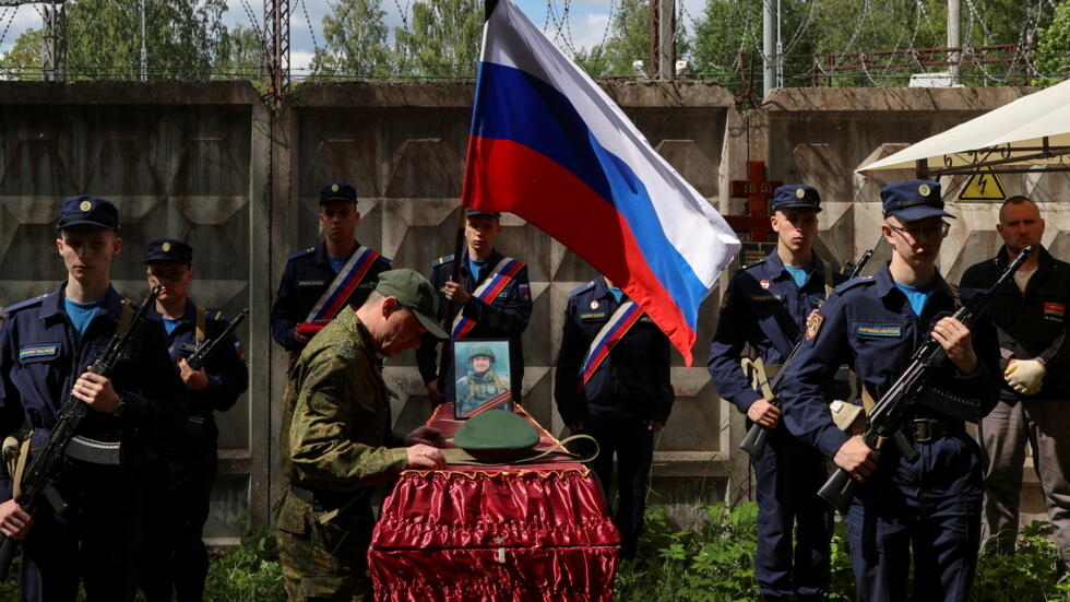 The funeral of a Russian soldier killed in the war in Ukraine, in Russia's Leningrad region, in June 2023.