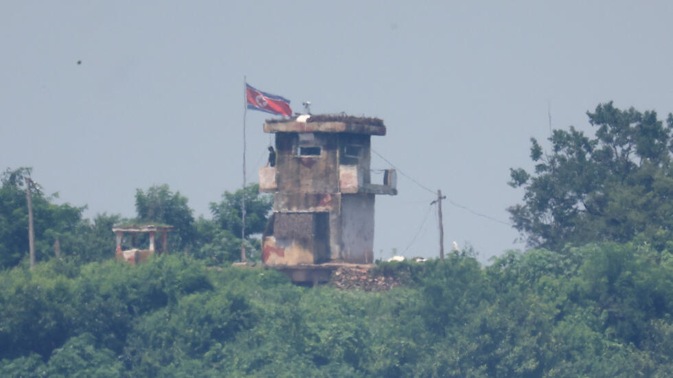 A North Korean soldier stands guard at a guard post in this picture taken near the Demilitarized Zone separating the two Koreas in Paju, South Korea on July 19, 2023.